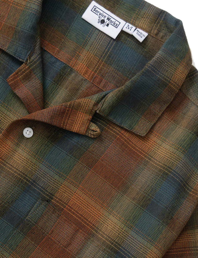 Service Works Plaid Resort Shirt Brown Collar