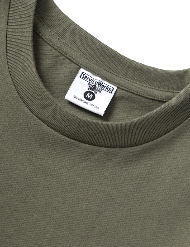 Service Works Home Comforts Tee Olive COllar Detail