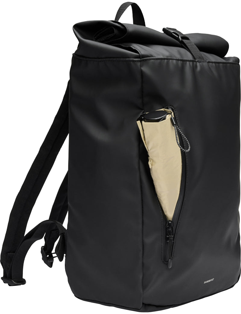 Sandqvist Stream Rolltop Backpack Black Side Zip Pocket