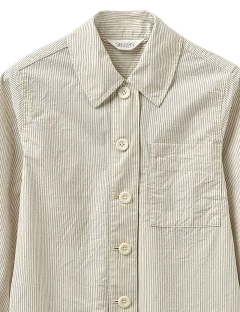 Toast Baya Patch Pocket Stripe Organic Cotton Shirt Sunwashed Blue Collar Detail