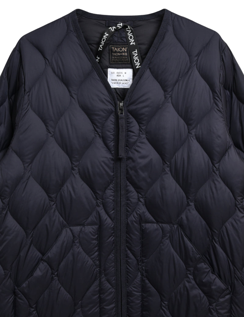 Taion Military V Neck W-Zip Down Jacket Dark Navy Collar Detail