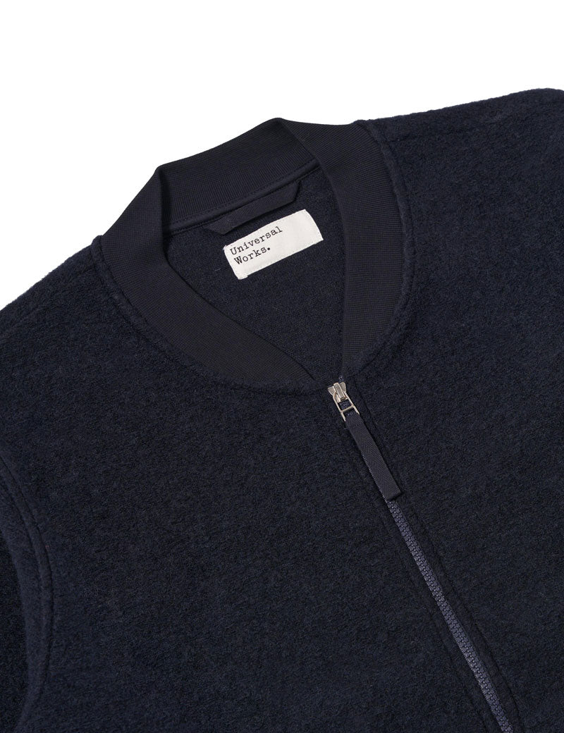 Universal Works Zip Bomber Jacket Wool Fleece Navy Collar Detail