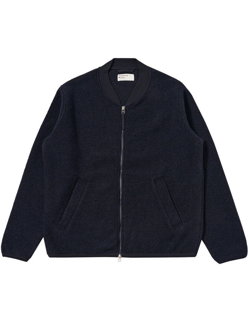 Universal Works Zip Bomber Jacket Wool Fleece Navy Front