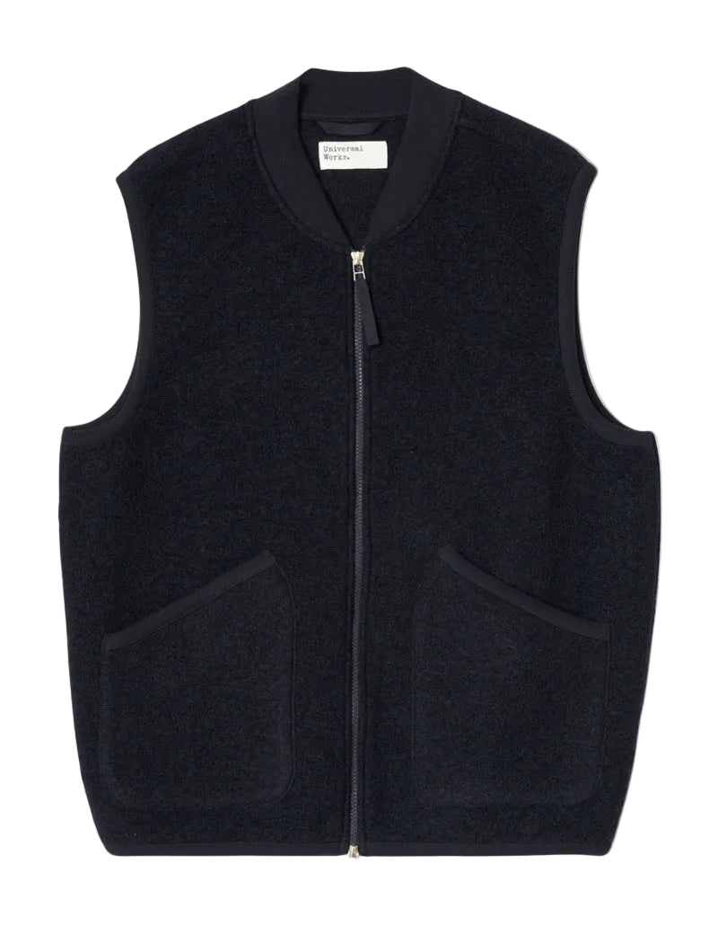 Universal Works Zip Waistcoat Wool Fleece Navy Front