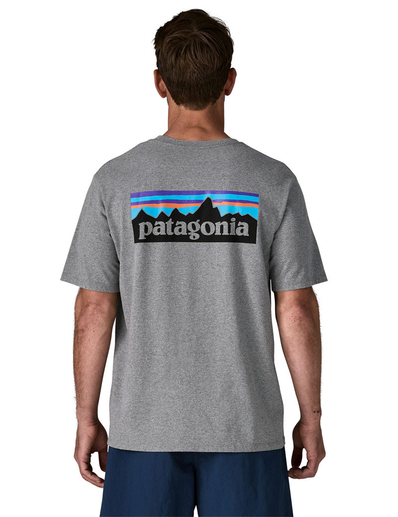 Patagonia Men's P-6 Logo Responsibili-Tee T-Shirt Gravel Heather On Model Back View