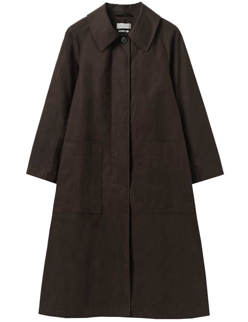 Toast Frankie Waxed Cotton Raglan Coat Chocolate Front