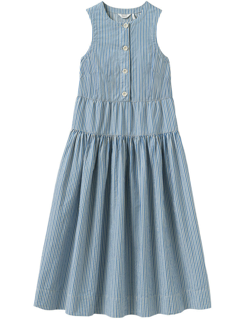 Toast Pleated Candy Stripe Pleated Cotton Dress Ocean Blue Ecru