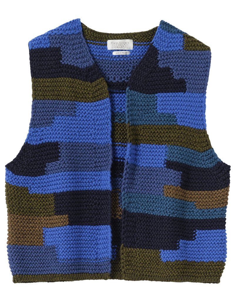 Toast Patchwork Knitted Wool Gilet Blue Multi Front
