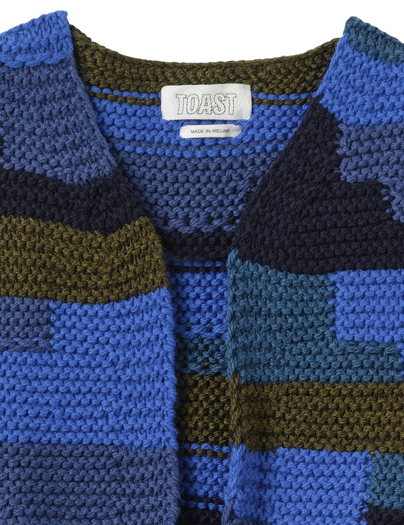 Toast Patchwork Knitted Wool Gilet Blue Multi Collar Detail