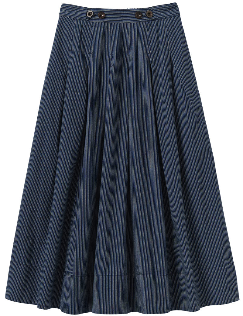 Toast Railroad Stripe Pleated Cotton Skirt Denim Blue Front