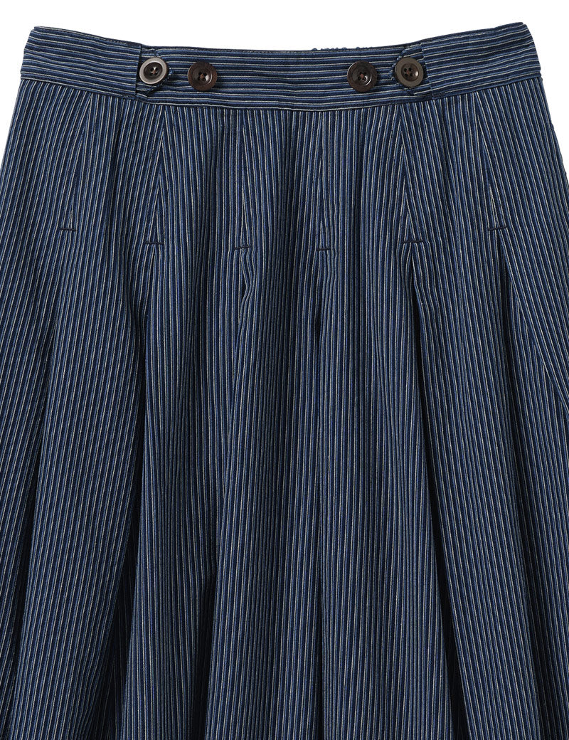 Toast Railroad Stripe Pleated Cotton Skirt Denim Blue Waistband Detailing