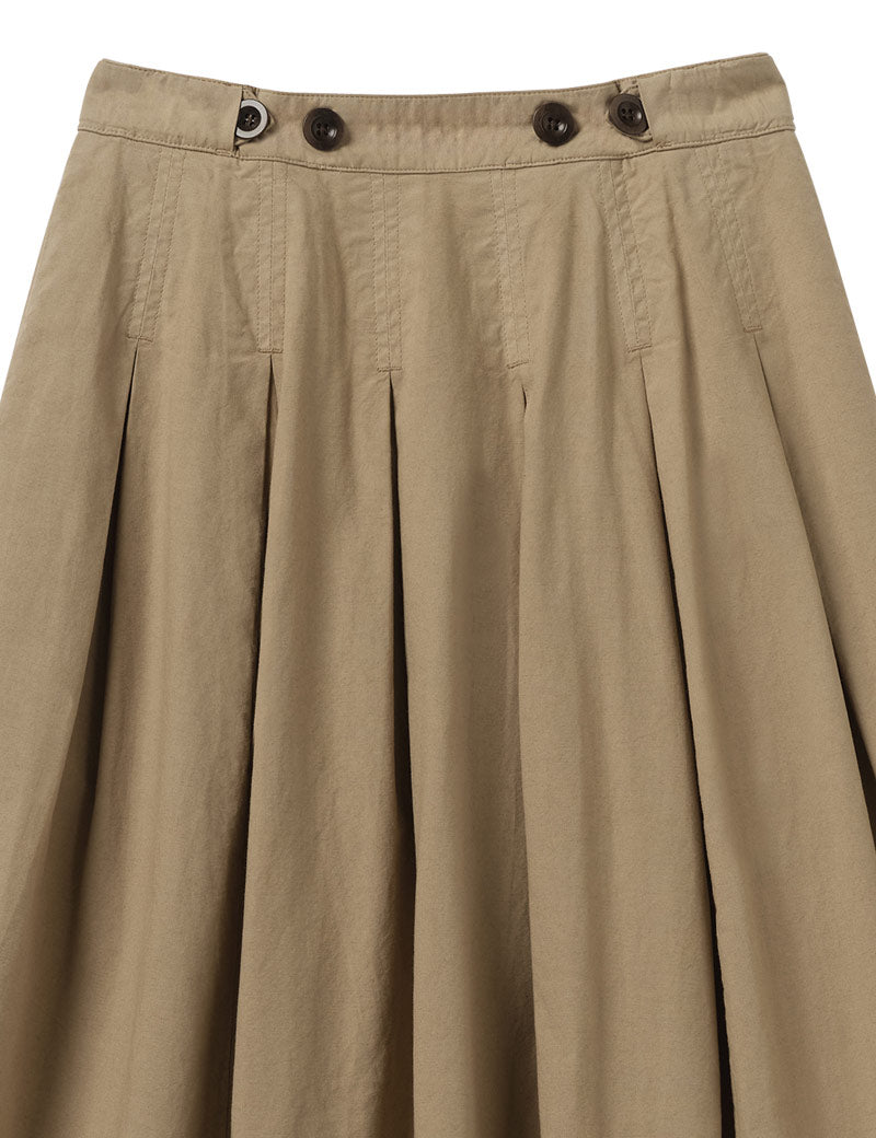 Toast Pleated Cotton Linen Poplin Skirt Ash Brown Waistband Button Detail