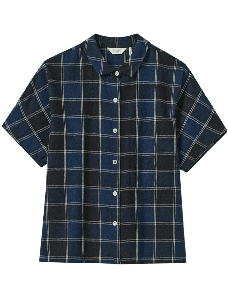 Toast Market Check Cotton Linen Shirt Denim Blue Front