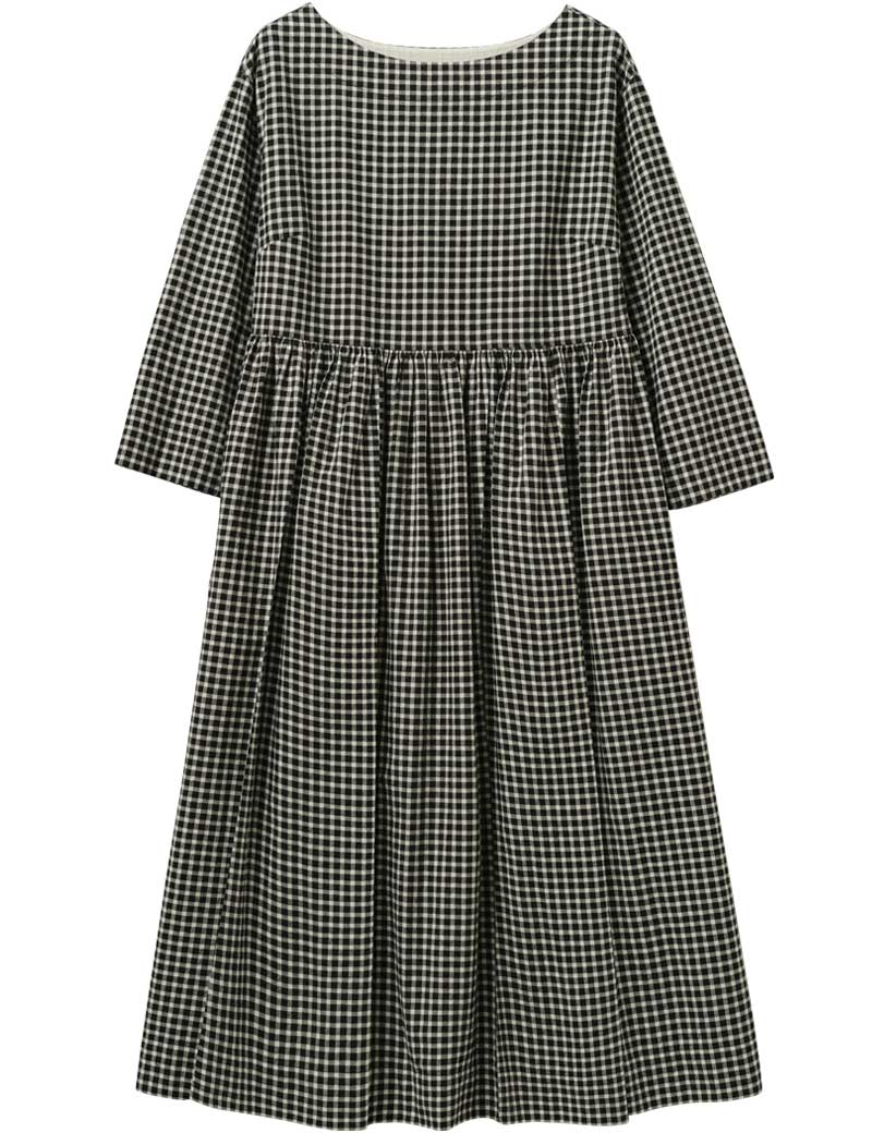 TOAST BOAT NECK COTTON GINGHAM DRESS CHARCOAL NATURAL