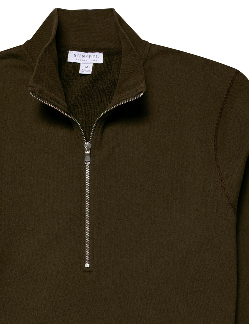 Sunspel Half Zip Loopback Sweatshirt Dark Moss