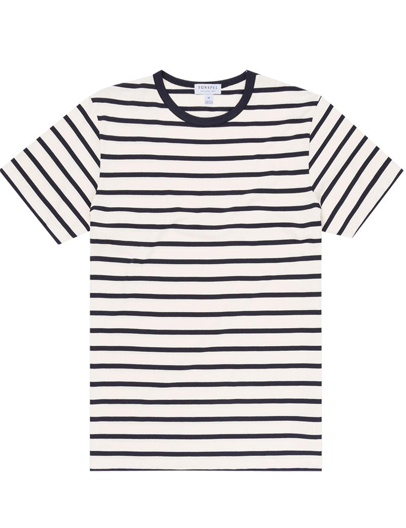 Sunspel Classic Crew Neck Stripe T-Shirt Ecru Navy Breton