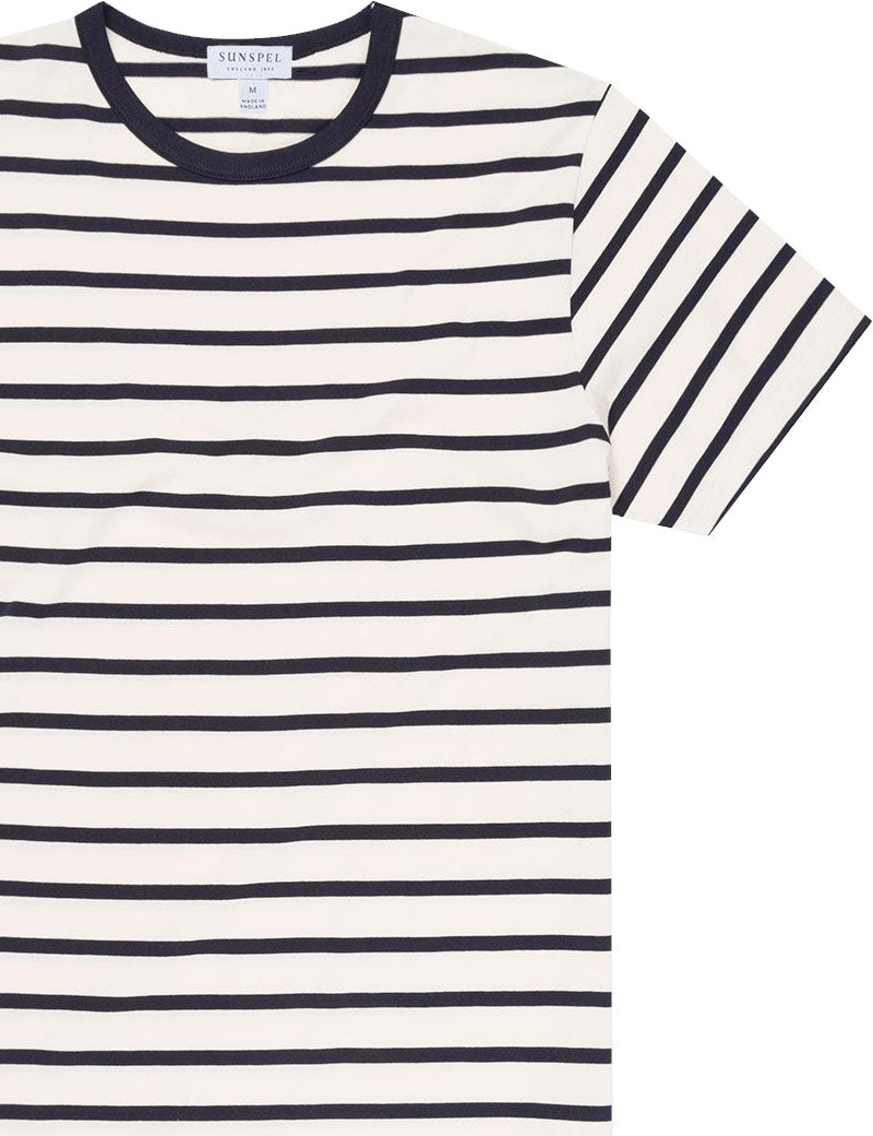 Sunspel Classic Crew Neck Stripe T-Shirt Ecru Navy Breton