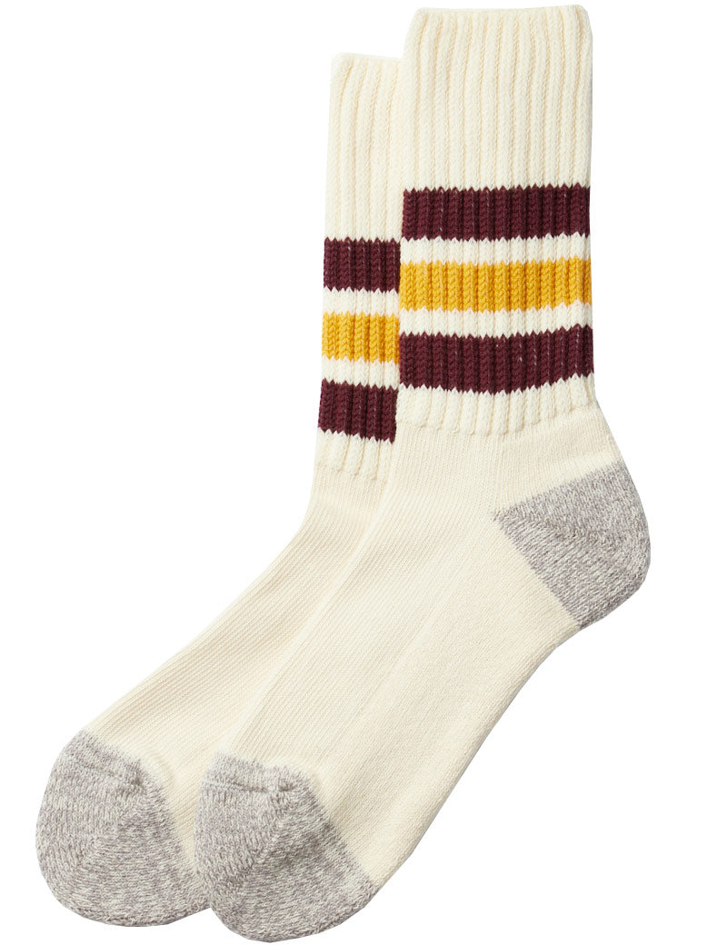 Rototo Coarse Ribbed Old School Crew Socks R1255 Bordeaux Yellow