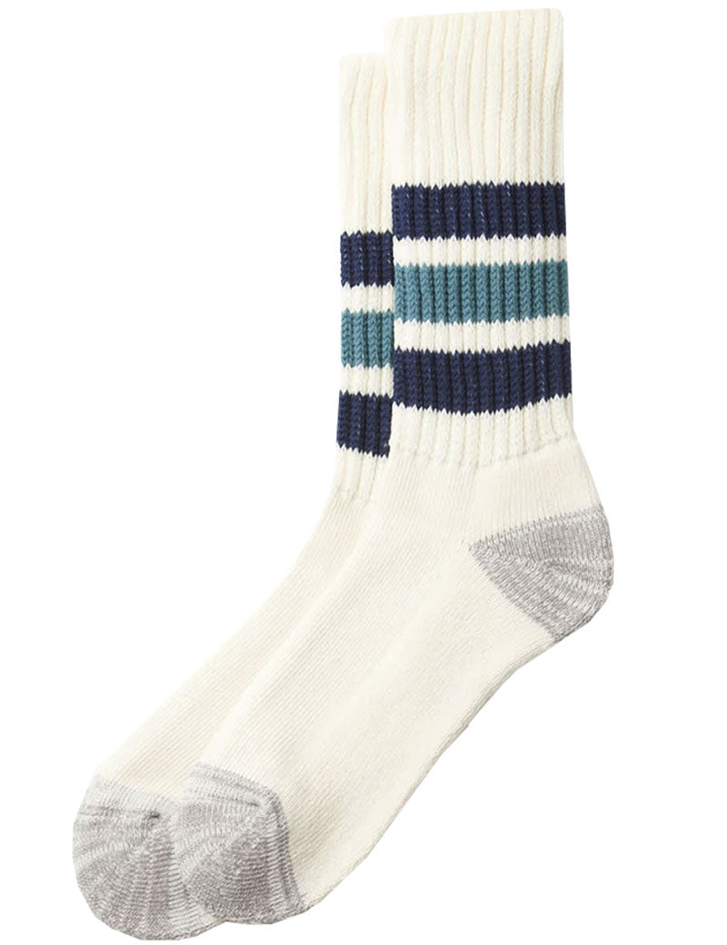 Rototo Coarse Ribbed Old School Crew Socks R1255 Navy Blue NW Green