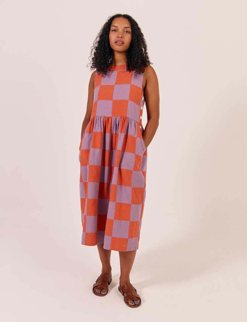 SIDELINE TALLY PATCHWORK DRESS LILAC TOMATO