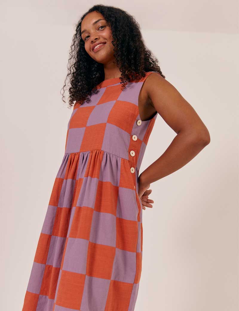 SIDELINE TALLY PATCHWORK DRESS LILAC TOMATO