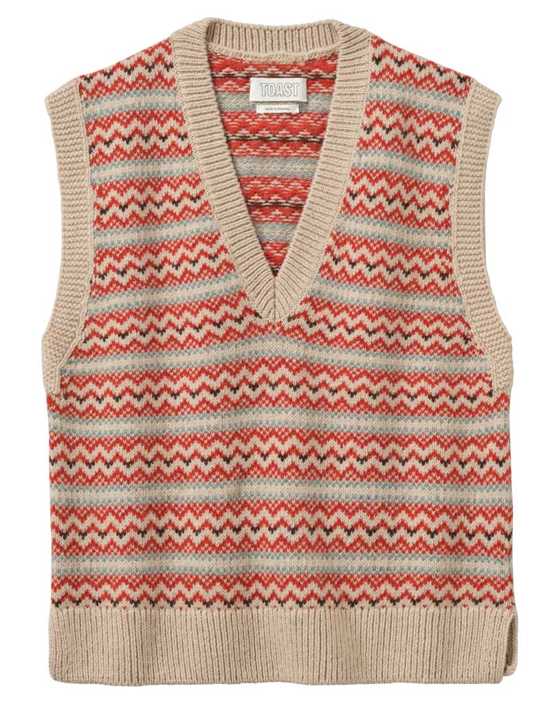 TOAST JACQUARD KNITTED V NECK TANK OATMEAL MULTI