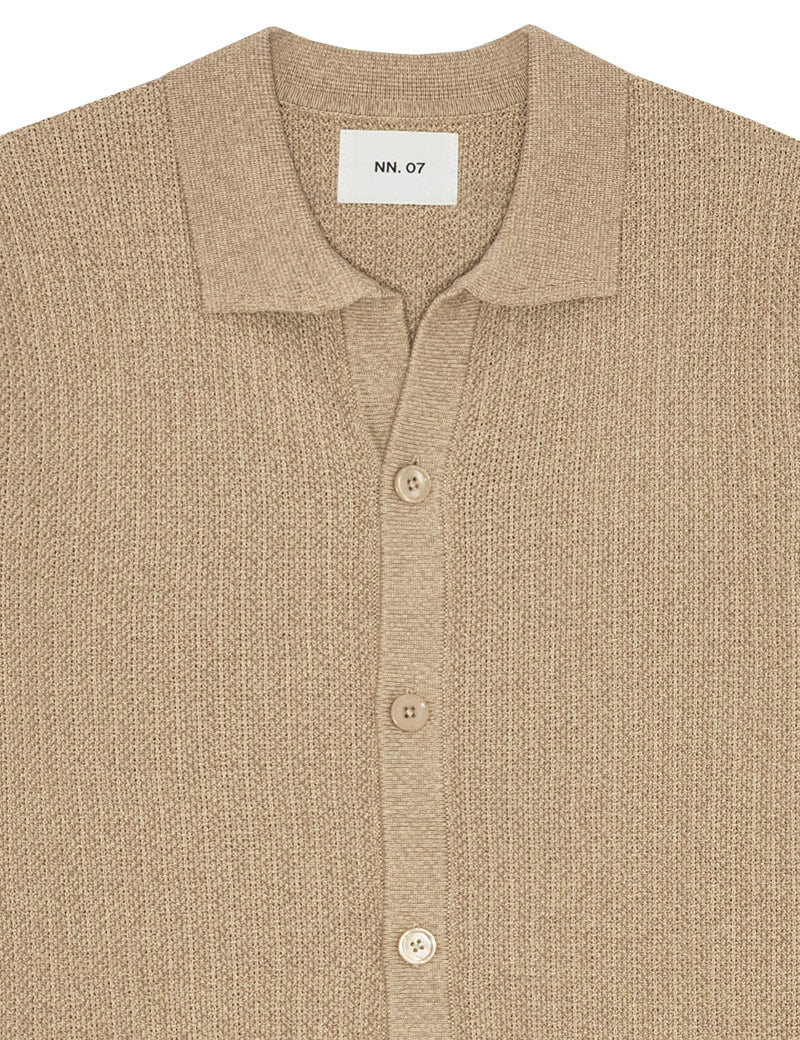 NN07 Ares Knit Organic Cotton Shirt Desert Khaki Collar Detail