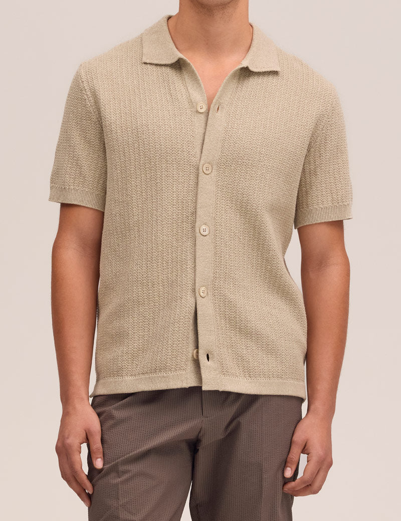 NN07 Ares Knit Organic Cotton Shirt Desert Khaki On Model Front