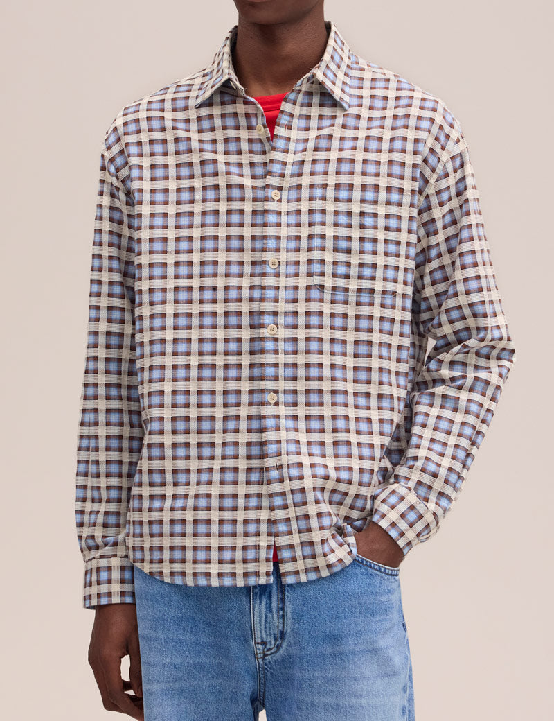 NN07 Deon Leno Weave Shirt Blue Check On Model Front