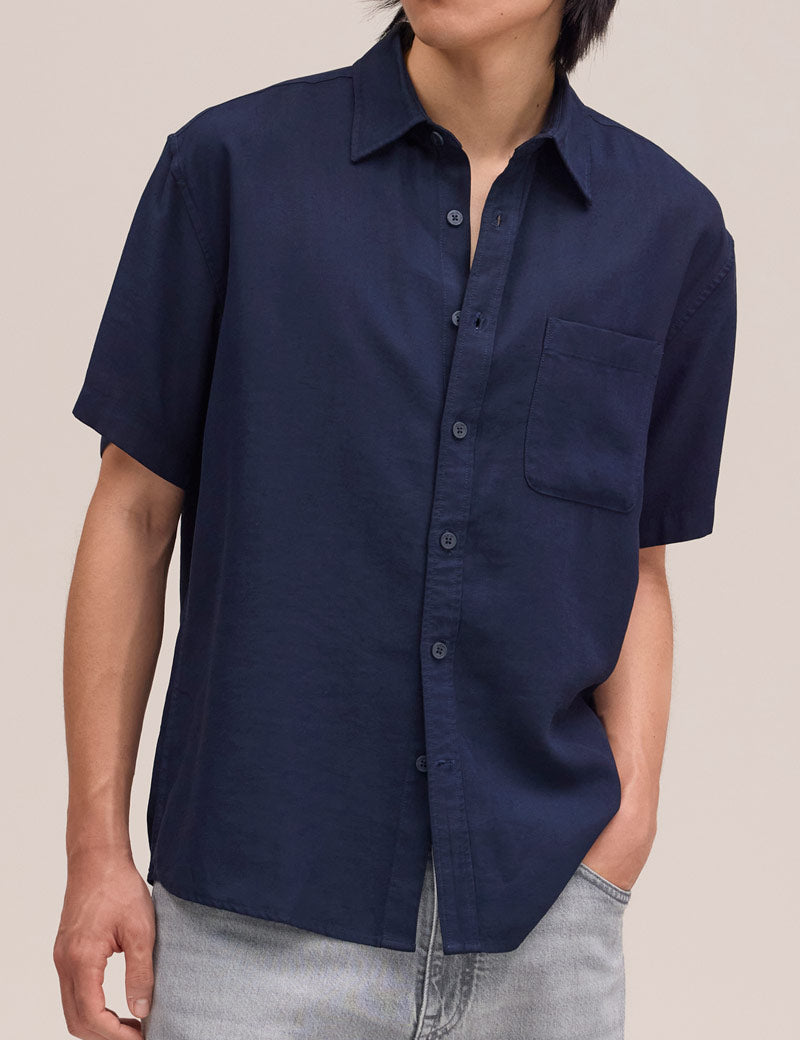 NN07 Deon Drapey Viscose Blend Shirt Navy On Model Front