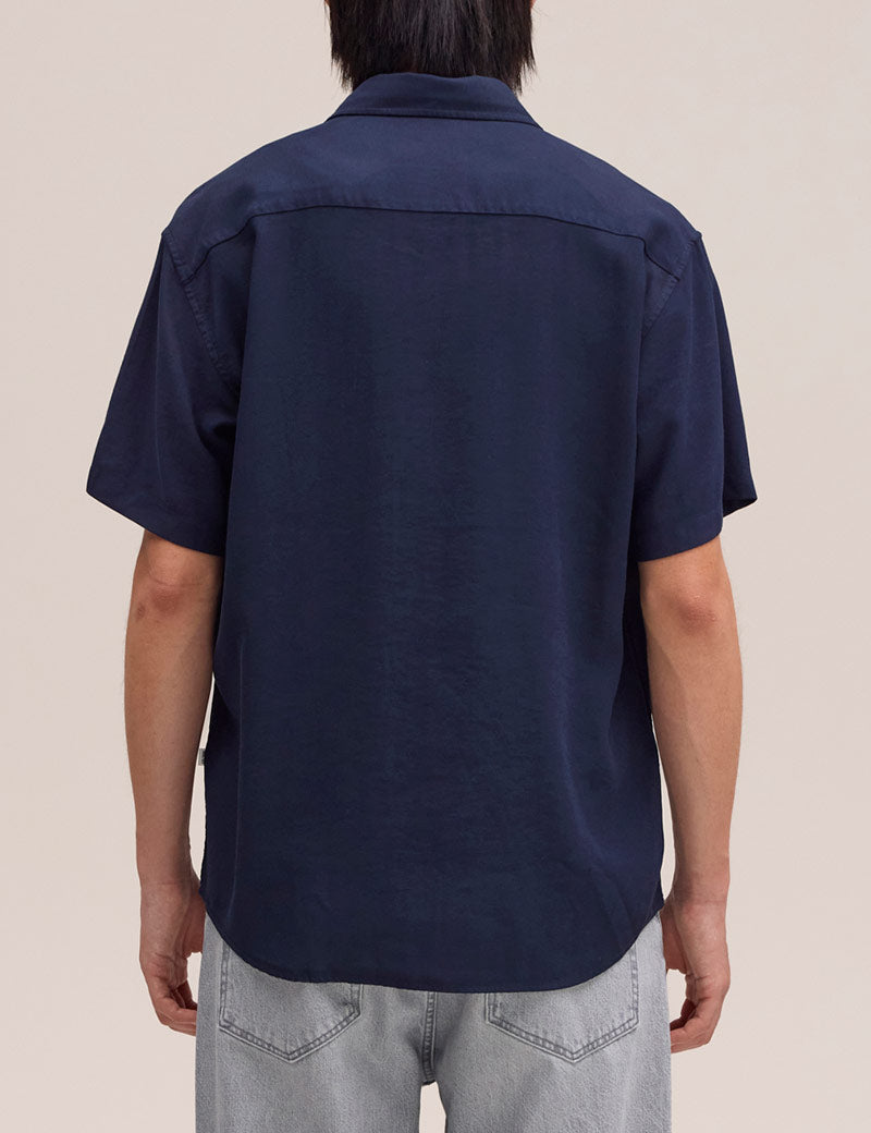 NN07 Deon Drapey Viscose Blend Shirt Navy On Model Back