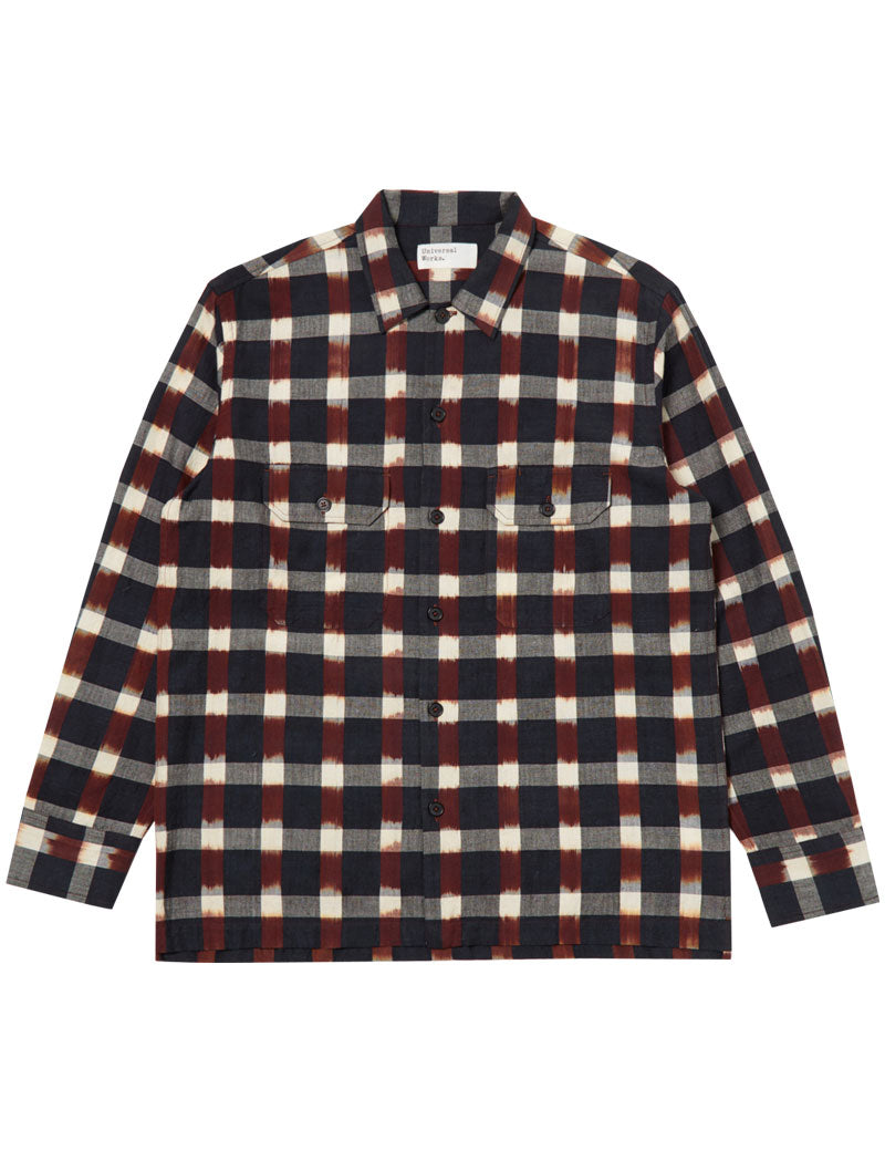 Universal Works Long Sleeve Check Shirt Navy Brown Check Ikat