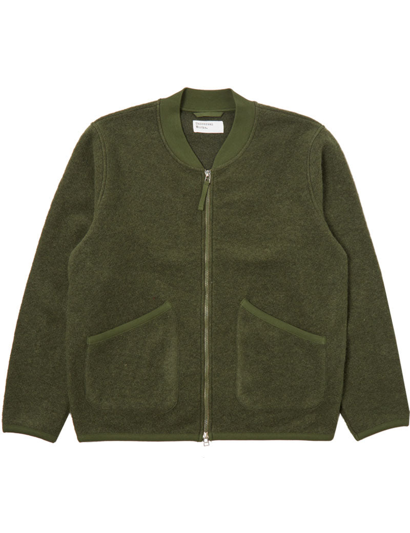 Universal Works Zip Bomber Jacket Olive Wool Fleece