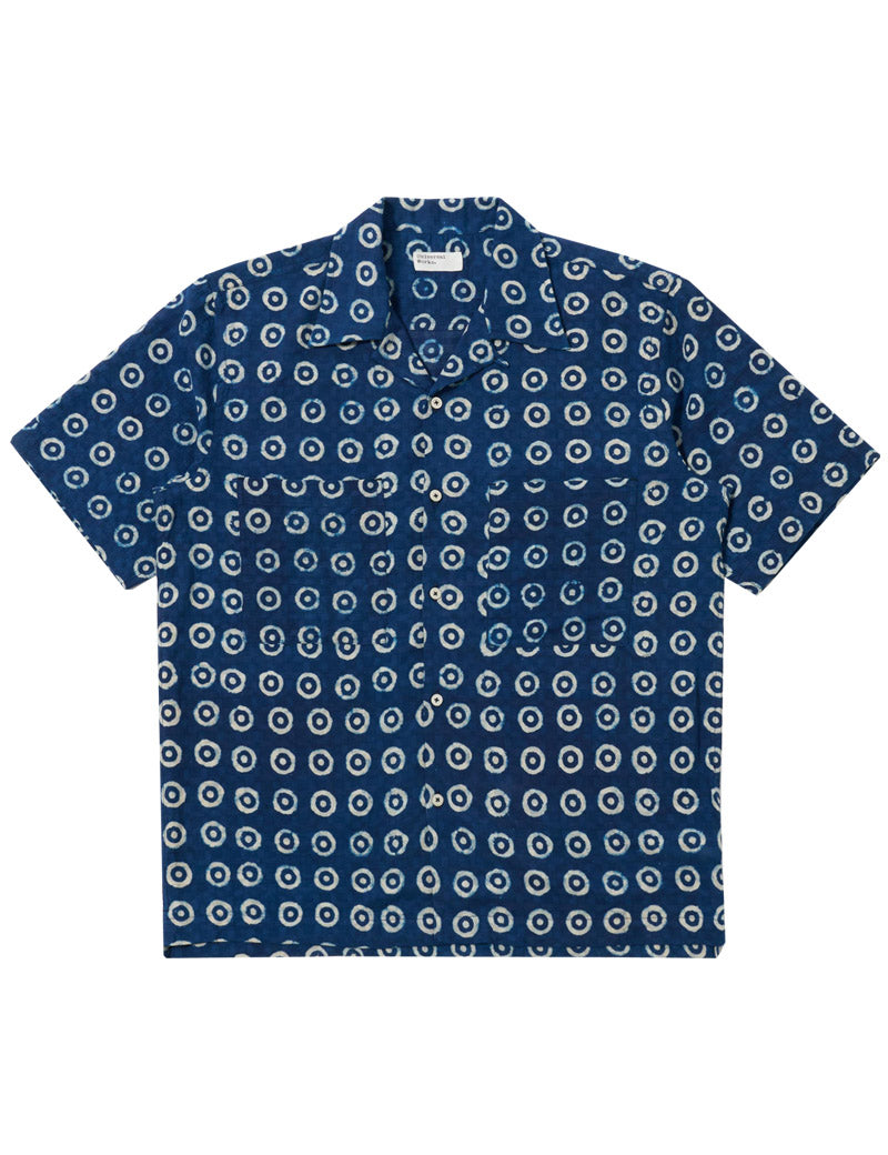 Universal Works Camper Shirt Indigo Block Print Circles Front