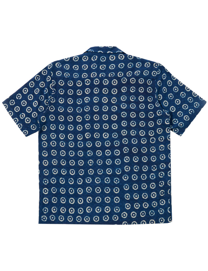 Universal Works Camper Shirt Indigo Block Print Circles Back