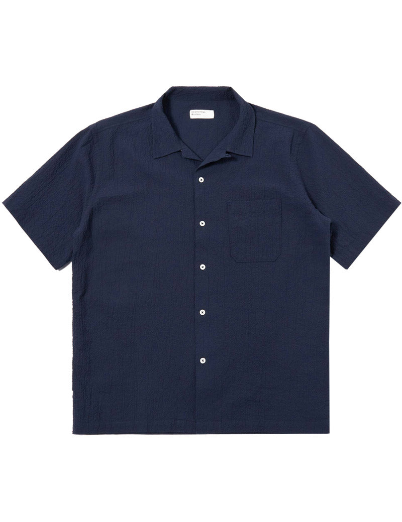Universal Works Road Shirt Navy Seersucker Front