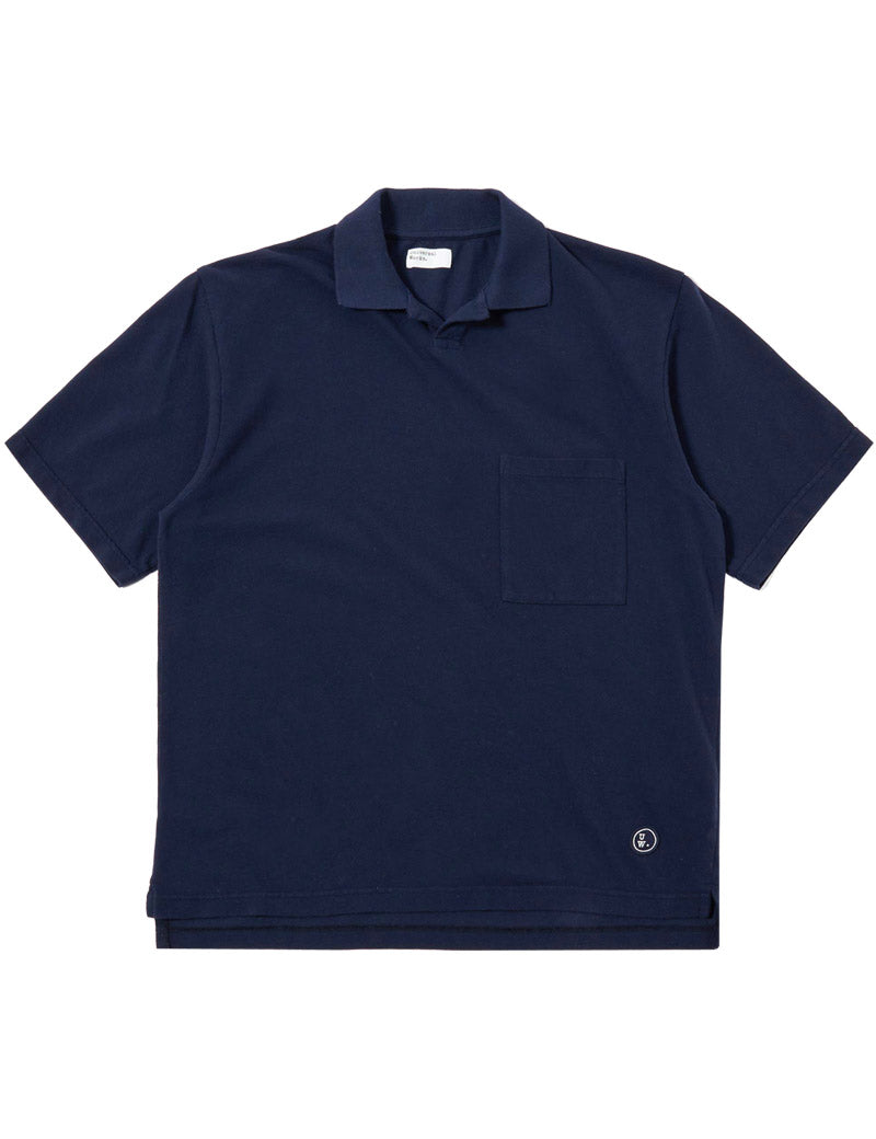 Universal Works Vacation Polo Shirt Bright Navy Piquet Front