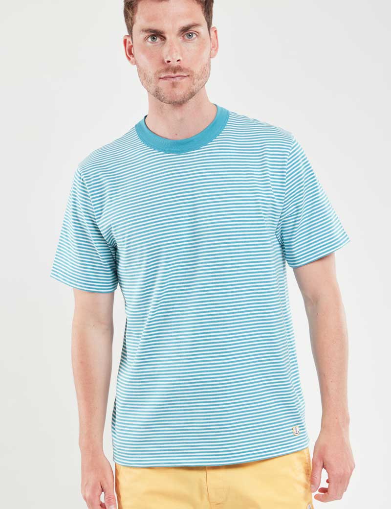 ARMOR LUX HERITAGE ORGANIC COTTON STRIPE T-SHIRT PAGODA BLUE MILK