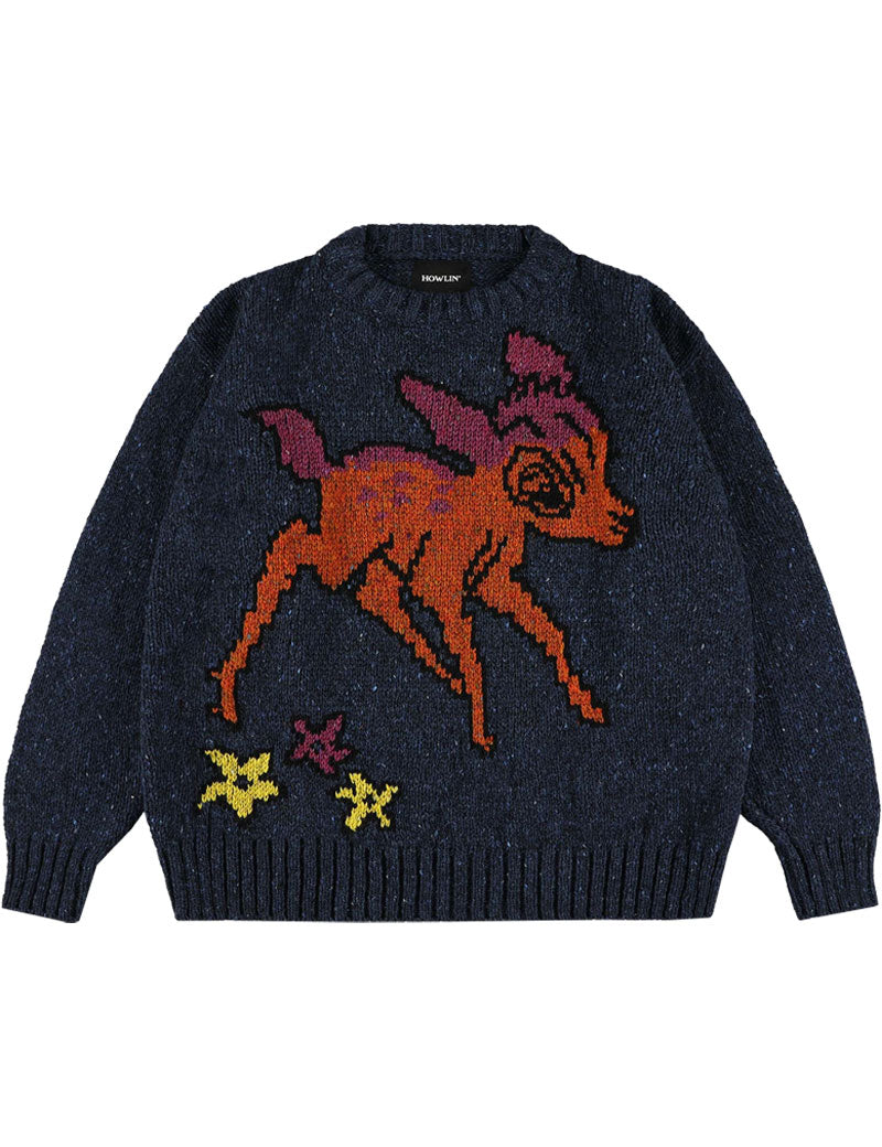 Howlin' Acid Deer With Flowers Jumper Blue