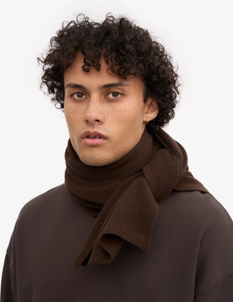 Colorful Standard Merino Wool Scarf Coffee Brown On Model
