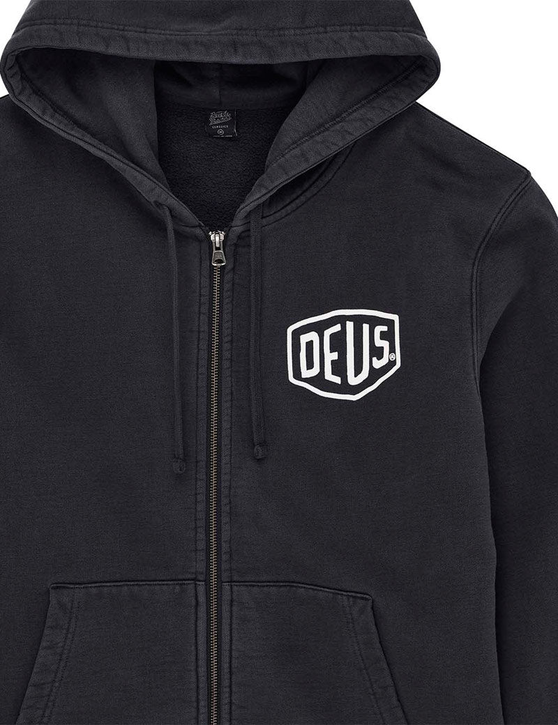 Deus Ex Machina Shield Garment Dyed Zip Hoodie Black Chest Print