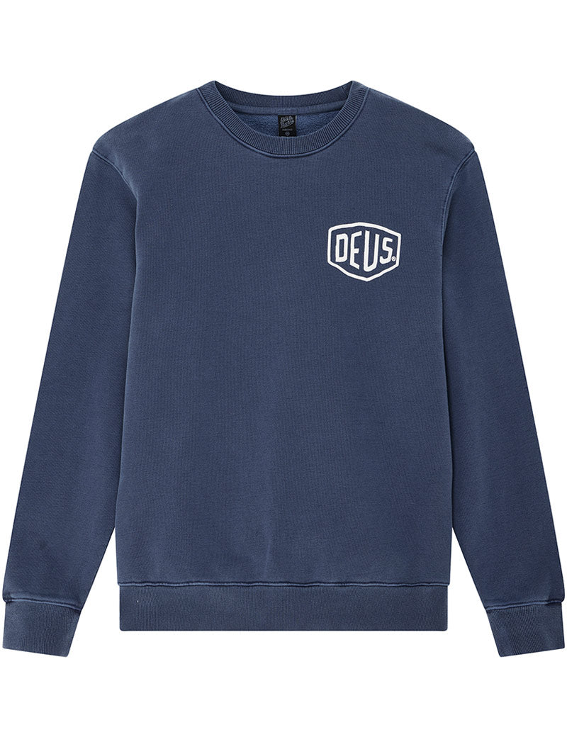 Deus Ex Machina Shield Garment Dyed Crew Sweatshirt Mechanic Blue