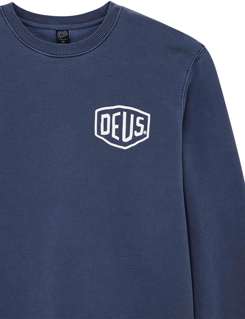 Deus Ex Machina Shield Garment Dyed Crew Sweatshirt Mechanic Blue Chest Print