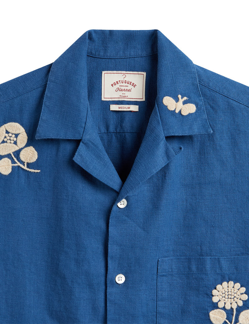Portuguese Flannel Embroidery Nature Ramie Short Sleeved Shirt Blue Collar Detail