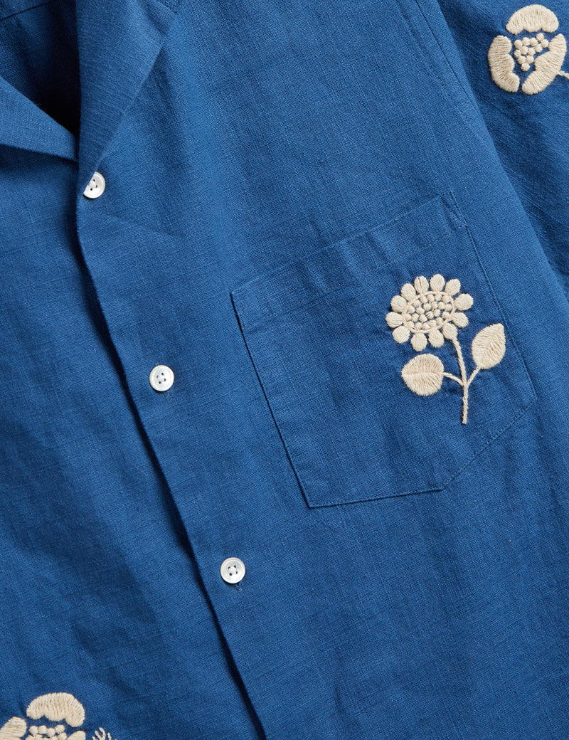 Portuguese Flannel Embroidery Nature Ramie Short Sleeved Shirt Blue Chest Pocket