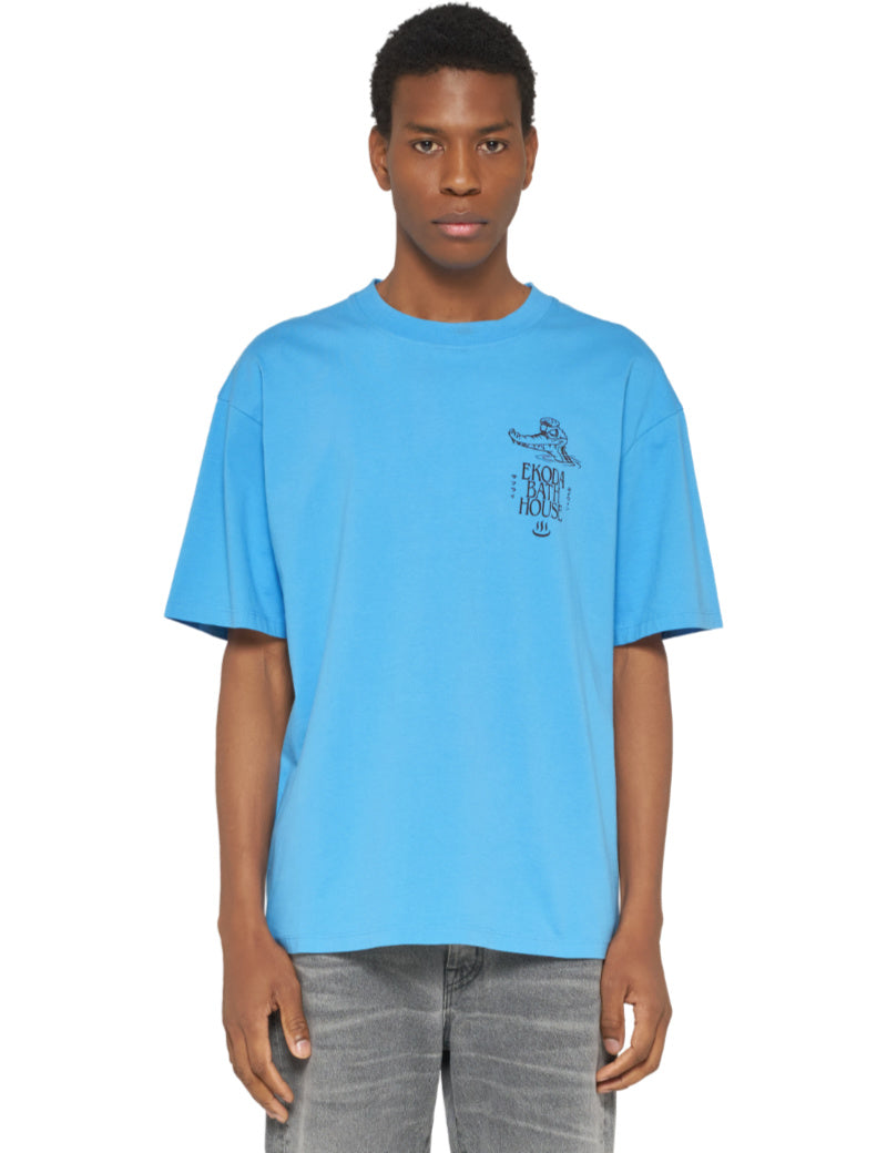 Edwin Ekoda Bath House T-Shirt Azure Blue On Model Front