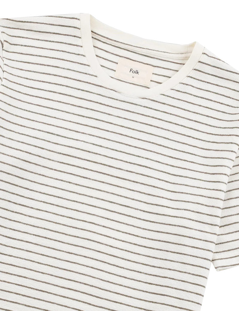 Folk Short Sleeve Textured Stripe T-Shirt Ecru Olive Collar Detail