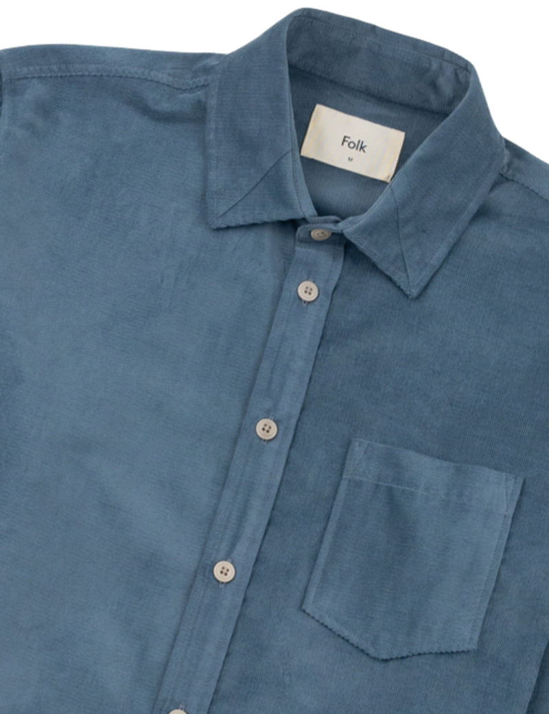 Folk Direction Babycord Shirt Blue Oxide Main Back View Collar Detail