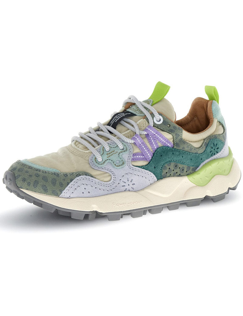 Flower Mountain Yamano 3 women's trainers taupe and green bottle - Angled View