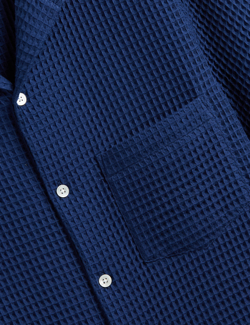 Portuguese Flannel Honey Comb Short Sleeve Shirt Blue Pocket 